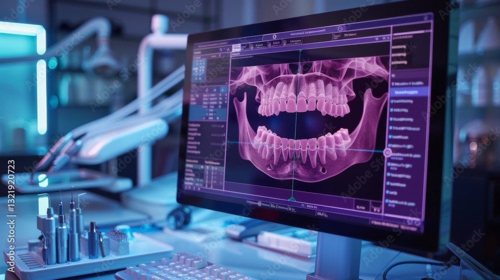 Poster A dental office showcases a high tech setup with a computer displaying detailed x ray images of teeth. Tools are neatly arranged, highlighting a focus on patient care and technology.