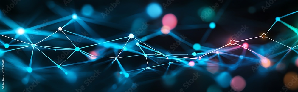 Poster a vibrant, abstract representation of interconnected nodes and lines, symbolizing data flow and digi