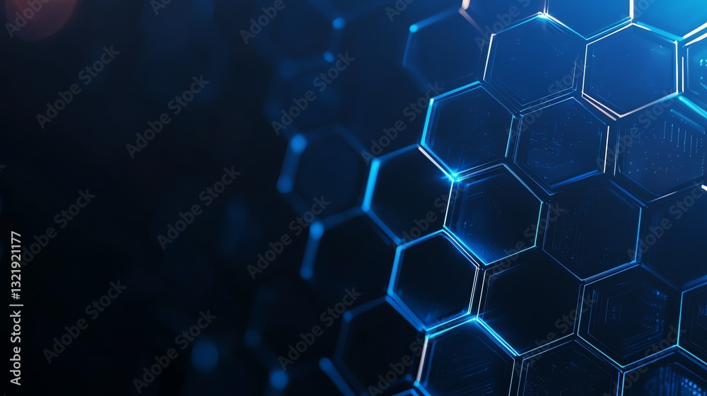 Poster a close-up view of a modern hexagonal pattern with a sleek blue tone, showcasing advanced technology