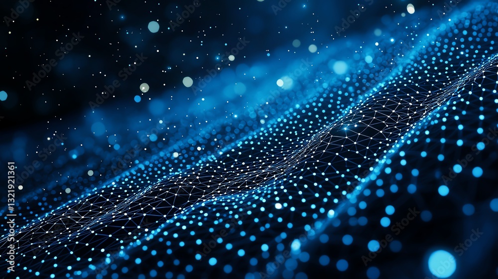 Poster a stunning abstract visualization featuring glowing blue dots and waves, representing digital data f