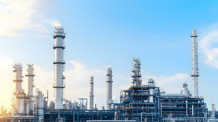 Fototapeta premium Large Scale Petrochemical Refinery Plant With Metal Pipes and Towers Under a Blue Sky at Sunset