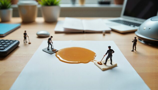 Miniature workers cleaning spilled honey on a white sheet of paper, against a cozy office backdrop with plants and technology, concept of cleaning service or office supplies