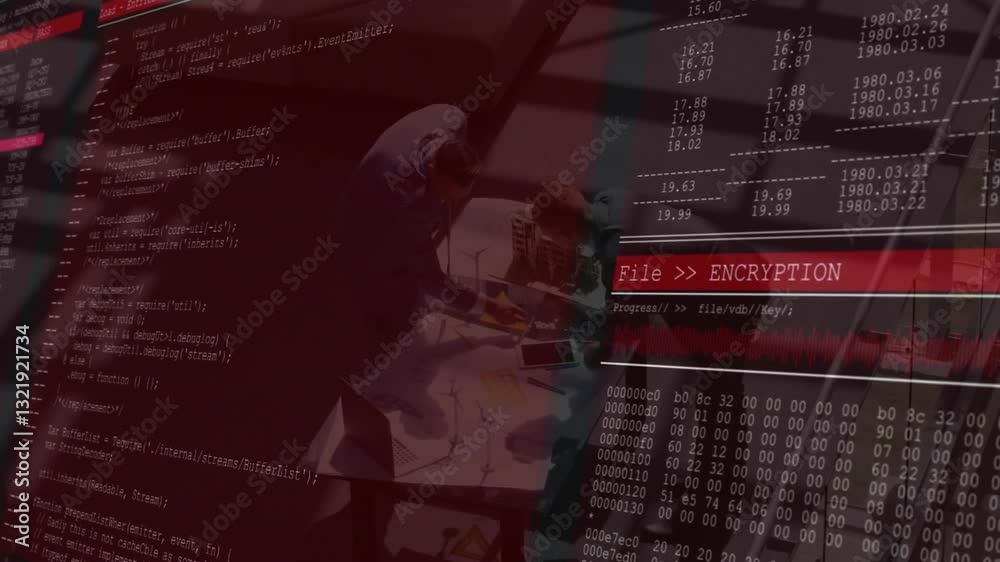 Poster animation of computer code overlaying people working at table in school setting