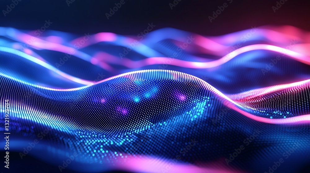 Poster an abstract representation of dynamic waves in vibrant colors, illustrating the connection between t