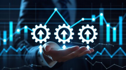 The image features a professional hand holding digital icons representing growth, progress, and success, surrounded by a futuristic stock market graph and connecting lines.