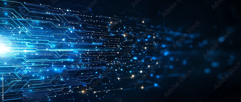 Poster a mesmerizing digital backdrop featuring a stream of radiant blue light and interconnected lines. pe
