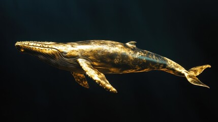 A golden whale swims gracefully through a dark and empty space
