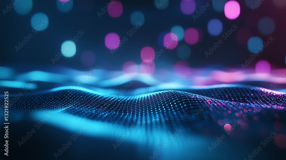 Poster an abstract representation of digital waves illuminated by colorful bokeh lights. this image capture