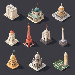 Isometric digital vector of famous world landmarks, including the Eiffel Tower and Taj Mahal.