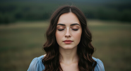 Fototapeta premium A delicate portrait of a woman with closed eyes, showcasing soft, natural features against a beautifully blurred backdrop.