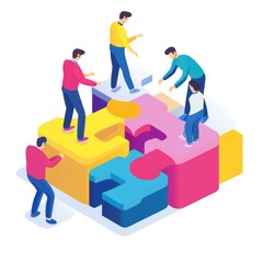 An isometric illustration of teamwork, depicting people assembling large puzzle pieces in a collaborative effort.