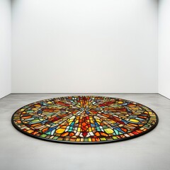 Obraz premium Mosaic Circular Stained Glass Rug on Gray Concrete Floor and Plain White Walls in Minimalist Room