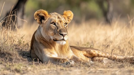 Fototapeta premium A majestic lion resting peacefully amongst the golden grasslands landscape