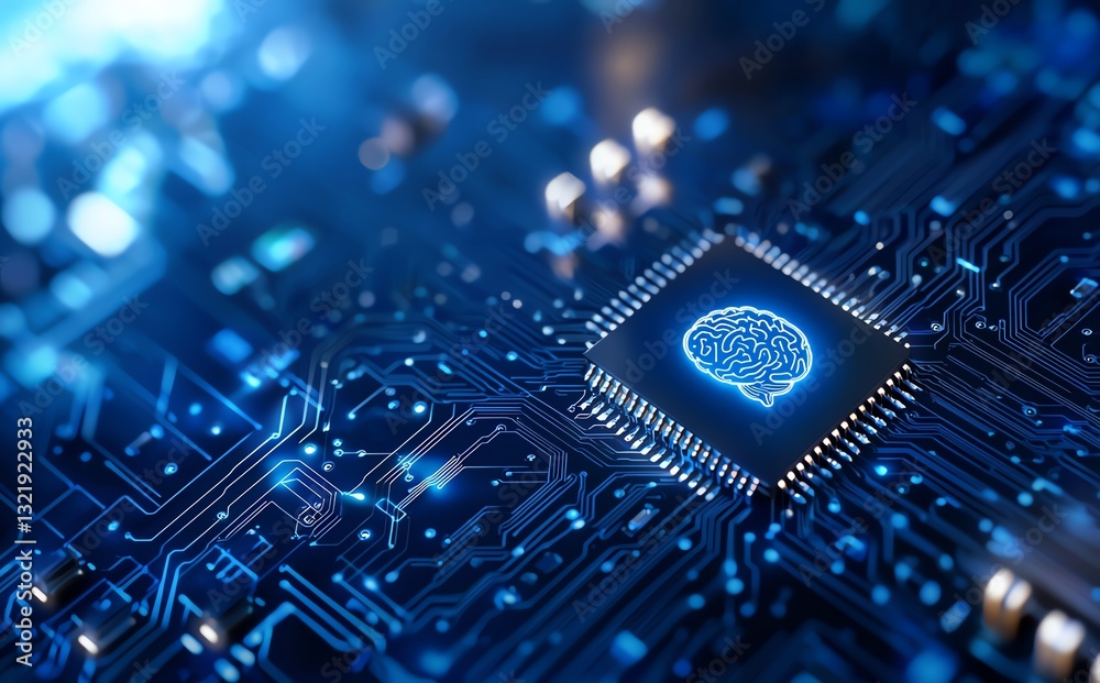 Aufkleber a close-up view of a microchip featuring an illuminated brain design. the image reflects advanced te