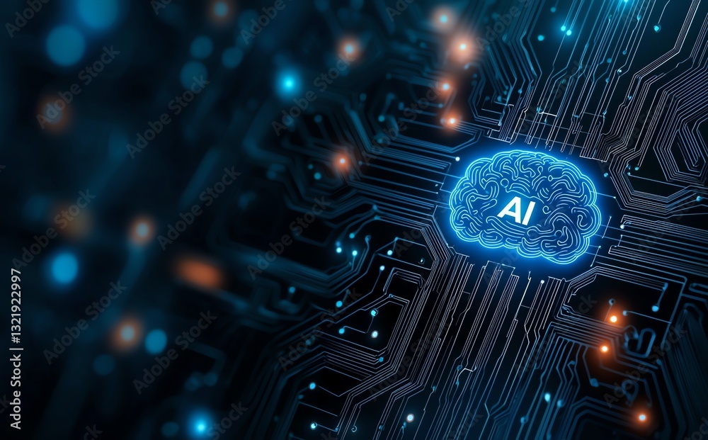 Poster a striking visual representation of artificial intelligence (ai) depicted on a circuit board, showca
