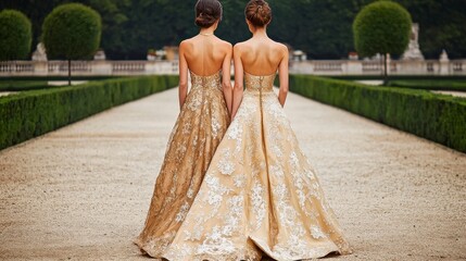 Two Women in Embroidered Champagne Gowns Walk in Formal Garden