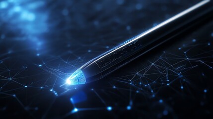 A close-up view of a glowing pen tip against a dark, abstract digital background, suggesting creativity and technology.