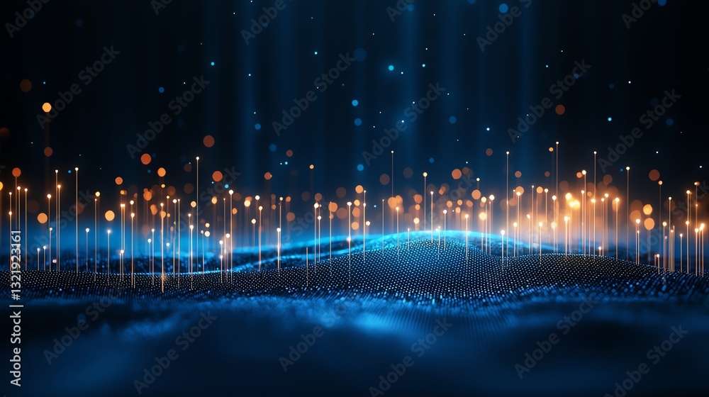 Poster a stunning visual display of vibrant blue waves illuminated by golden particles, creating a dynamic 