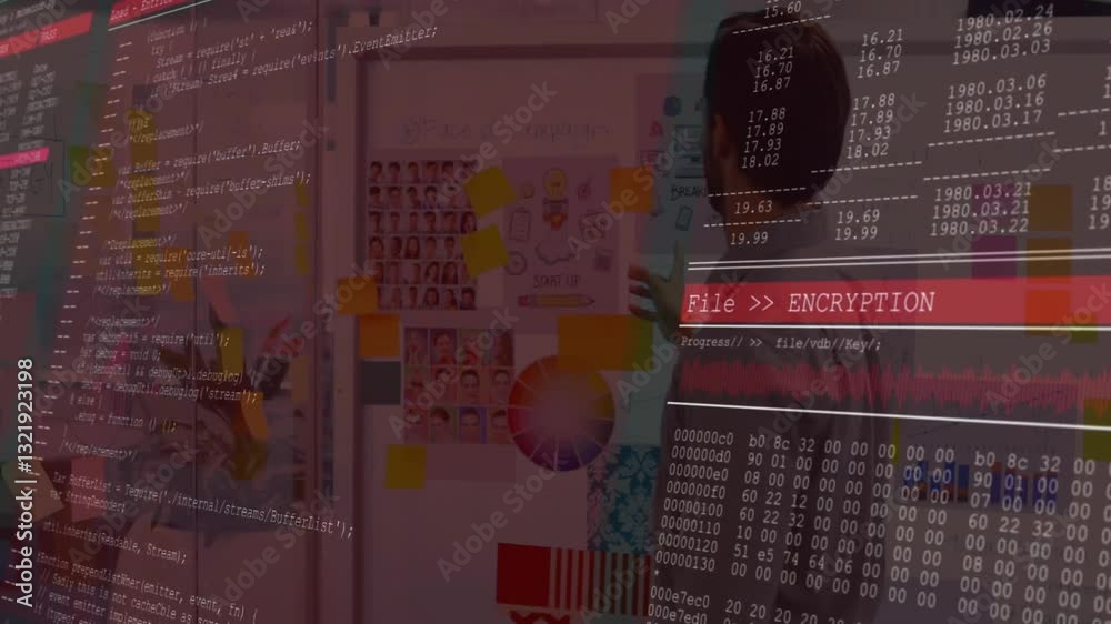 Aufkleber in office, diverse team brainstorming with animation of computer code and encryption text