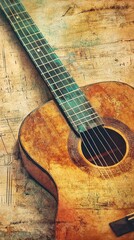 Obraz premium An acoustic guitar rests on a weathered wooden background surface