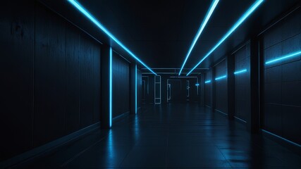 Three dimensional render of dark futuristic corridor illuminated by blue neon lights 