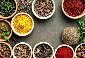 Fototapeta premium Assortment of dried herbs and spices in bowls, bowl, cloves
