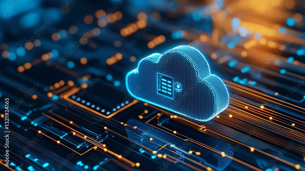 Poster this image features a luminous cloud symbol on a digital circuit board, representing cloud computing