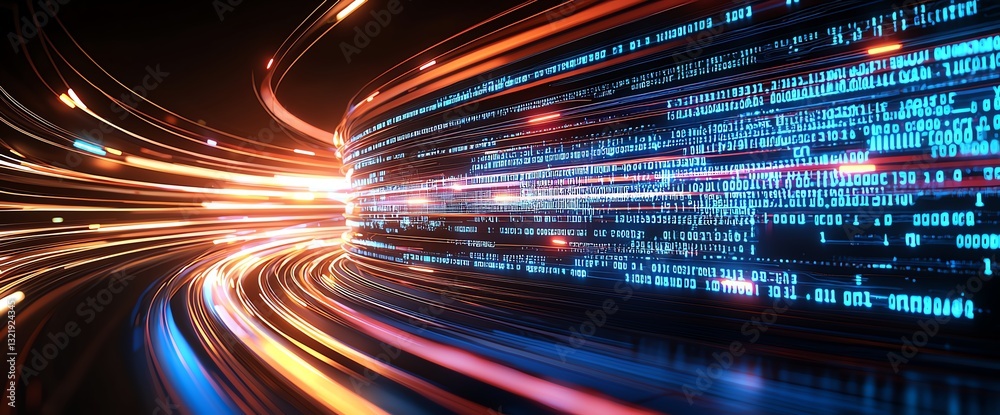 Poster a vibrant abstract image showcasing dynamic light trails and digital data patterns that symbolize sp