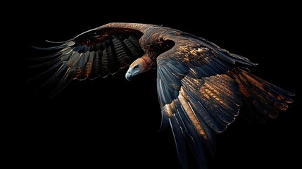 A Majestic Brown Eagle Gliding with Open Wings Against Darkness