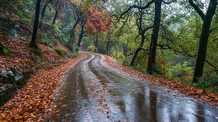 Road covered with fallen leaves in a picturesque autumn forest Empty mountain roadway surrounded by trees with red and orange foliage in the rain A colorful fall landscape with a wet road