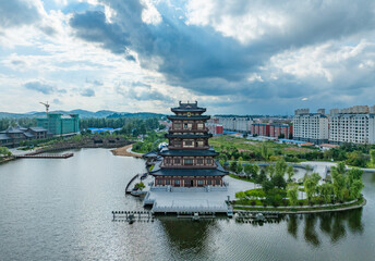 Bohai Lake City park landscape in Dunhua, Jilin Province