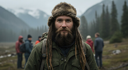 "A rugged man with long dreadlocked hair and a thick beard, wearing a fur-lined hat and a heavy green outdoor jacket, stands in a misty forested mountain landscape. He carries a backpack and has a ser