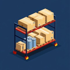 Isometric warehouse shelving with stacked cardboard boxes and containers, symbolizing logistics and inventory management.