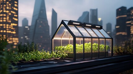 Fototapeta premium Urban Rooftop Greenhouse at Twilight