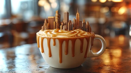 Naklejka premium Coffee cup with a city skyline artfully crafted on top at a cozy cafe setting