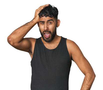 Young Hispanic man isolated being shocked, she has remembered important meeting.