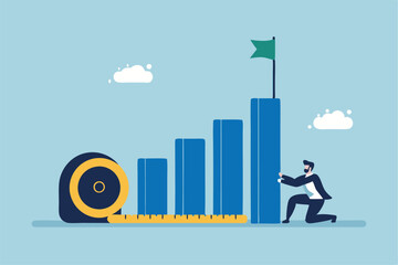 Measure success, growth or KPI, key performance indicator to compare with benchmark, growing progress, improvement or evaluation concept, businessman measure success growth graph with measuring tape.