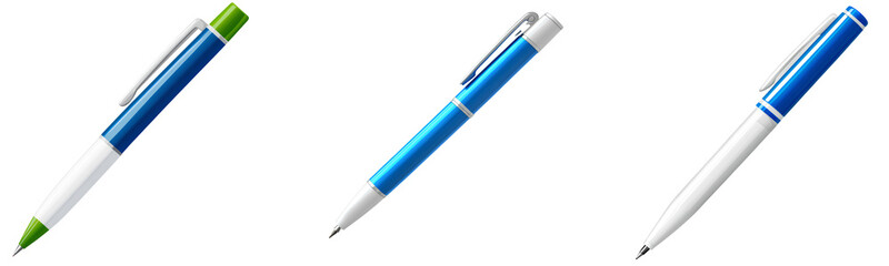 3-color pen icon, blue and white plastic with green ink clip art on a transparent background