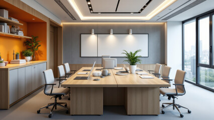 Modern office with desk and chairs, whiteboard, bookshelves, plants, and large windows offering a cityscape view.