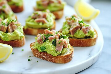 Minimalistic presentation of mini toasts on a sleek white marble plate, topped with mashed avocado, chunks of canned tuna, and a splash of lemon juice. The clean lines and vibrant colors stand out.