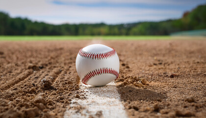 Baseball ball lying on field. Professional sport, competitive game.