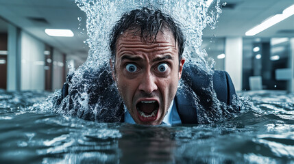A man in a suit and tie is submerged in water up to his neck in a flooded office. He appears distressed, gasping for air as water splashes around him, highlighting the chaos of the situation