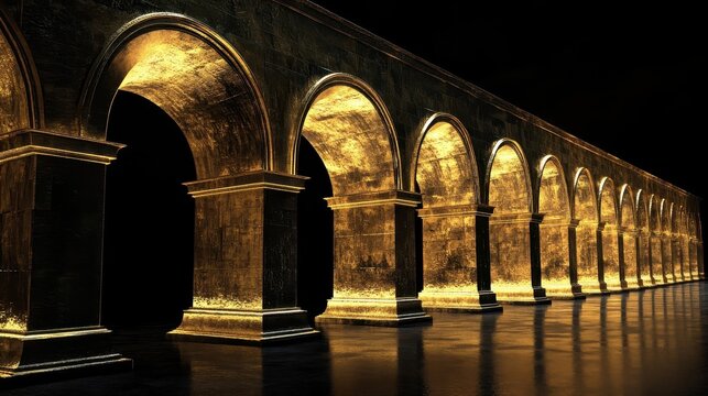 A golden arched colonnade stretches across a dark reflective surface - Powered by Adobe
