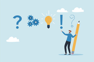 Creative thinking for solution or result, solving problem or question and answer, method or analysis for solution and success, resolution process concept, businessman solving problem with solution.