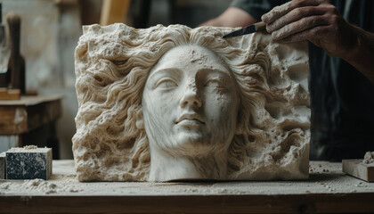 Naklejka premium A master sculptor focuses intently on carving a lifelike face from a block of marble. Fine details like hair and facial features emerge as the artist works in a well-equipped studio