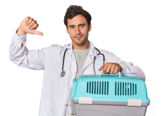 Young Hispanic man as vet with cage feels proud and self confident, example to follow.