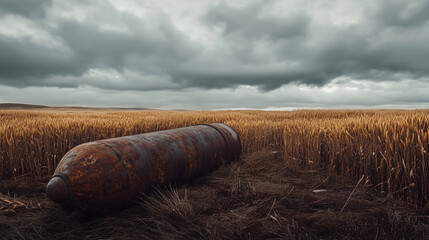 A rusty bomb in a field