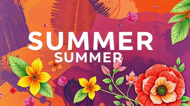 Beautiful animated card with the inscription summer, bright colors, botanical and floral elements, the concept of the warm season and the holiday season, vector style