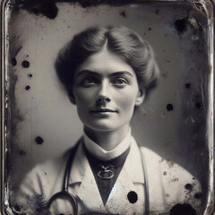 Vintage photo woman doctor with a soft expression, showcasing medical profession style