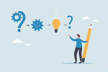 Creative thinking for solution or result, solving problem or question and answer, method or analysis for solution and success, resolution process concept, businessman solving problem with solution.